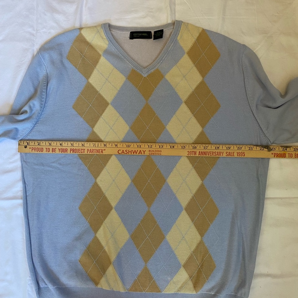 Mens Preppy 100% Cotton V- Neck Argyle knit Sweater Medium Eclectic Grandpa - Picture 9 of 11